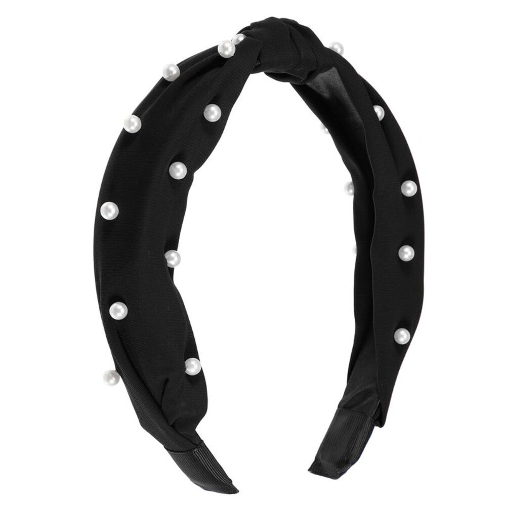 Satin Knotted Pearl Headband Hairband Black 1.1 Inch Wide